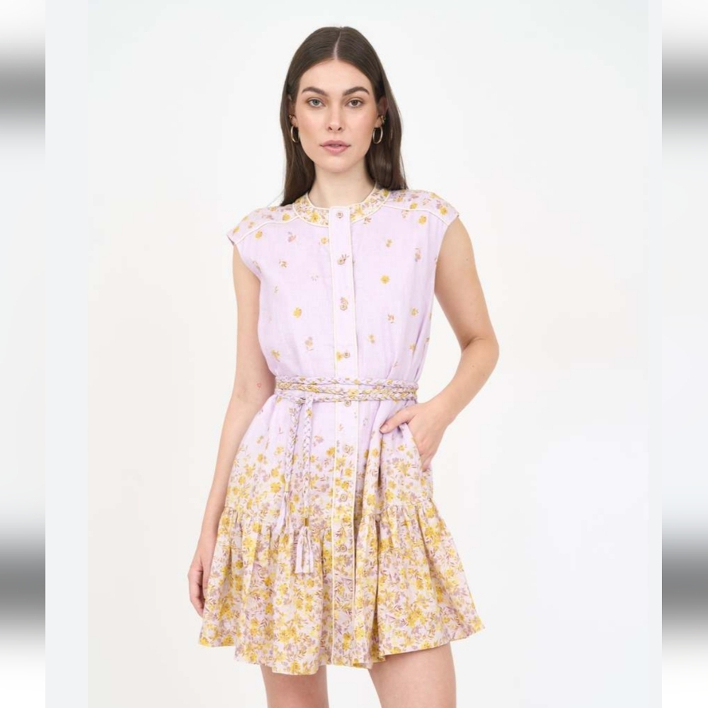 Floral Lavender and Yellow Cap-Sleeve Mini Dress